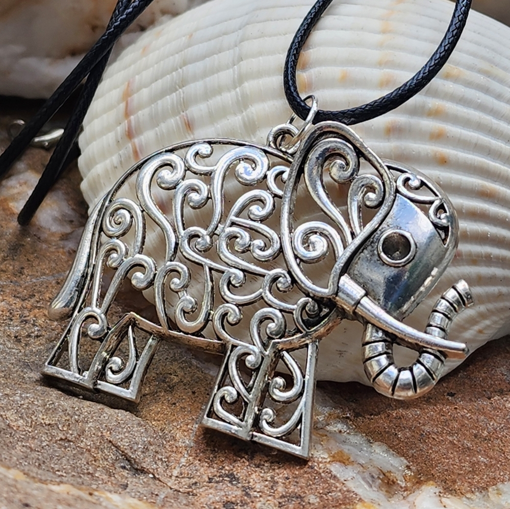 ❤️ Elephant Jewelry Silver Necklace Large Pendant Black Cord Bohemian Style